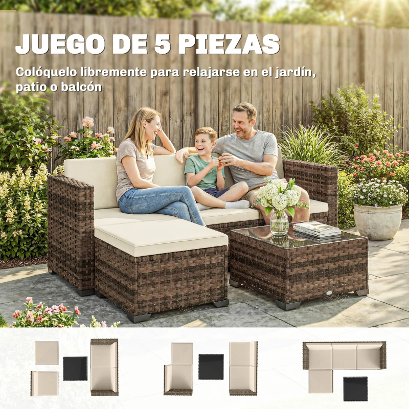 Outsunny Conjunto de Jardín Exterior de Ratán 5 Piezas con Cojines 2 Sillones de Esquina Sillón sin Brazos Reposapiés y Mesa