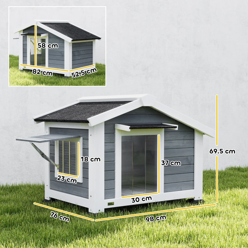 PawHut Căsuță pentru câini rezistentă la intemperii din lemn cu podea detașabilă, acoperiș din asfalt, fereastră rabatabilă 98x76x69,5 cm gri