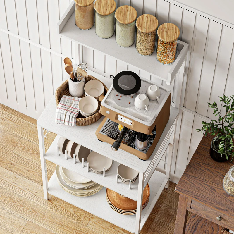 HOMCOM Estantería de Cocina con 2 Tomacorrientes Estante para Microondas Estante Ajustable Ganchos 60x42x137 cm Blanco