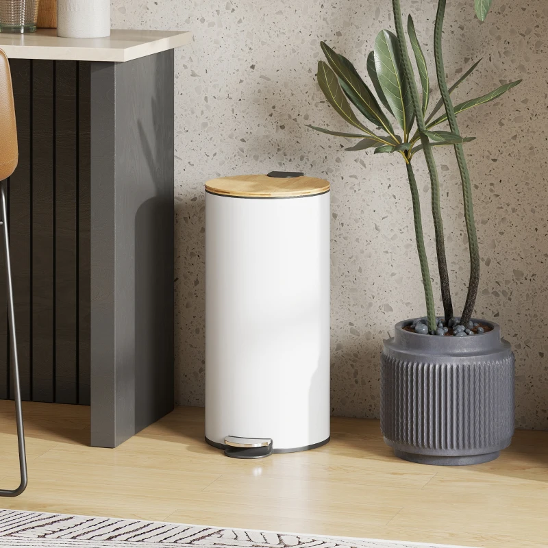 HOMCOM Cubo de Basura Cocina 30L con Pedal Tapa de Bambú de Cierre Suave y Cubo Extraíble para Dormitorio Oficina Salón Blanco