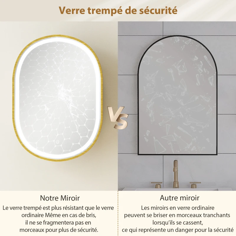 HOMCOM Armoire murale salle de bain avec miroir et éclairage LED, porte ovale, anti-buée, 50x14,5x70cm, doré