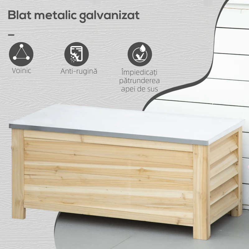 Outsunny Ladă de Exterior de 155L din Lemn cu Capac din Metal și 2 Amortizoare, 110x50x50 cm, culoare Lemn