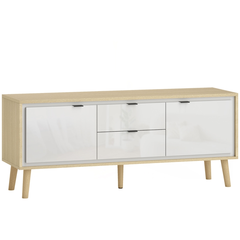 HOMCOM Mueble de TV Moderno de 2 Puertas 2 Cajones Orificios y Estantes Extraíbles 120x35x50 cm Blanco Brillo y Roble