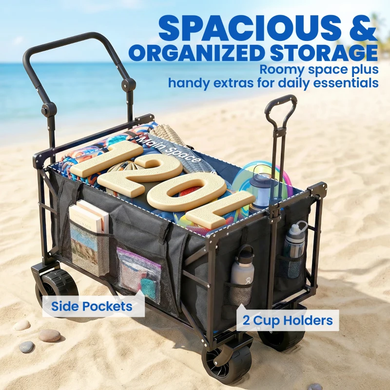 Outsunny Faltbarer Gartenwagen mit blockierbaren Großrädern, verstellbarer Stange und Getränkehalter für Kampagne 125x59x133 cm Schwarz