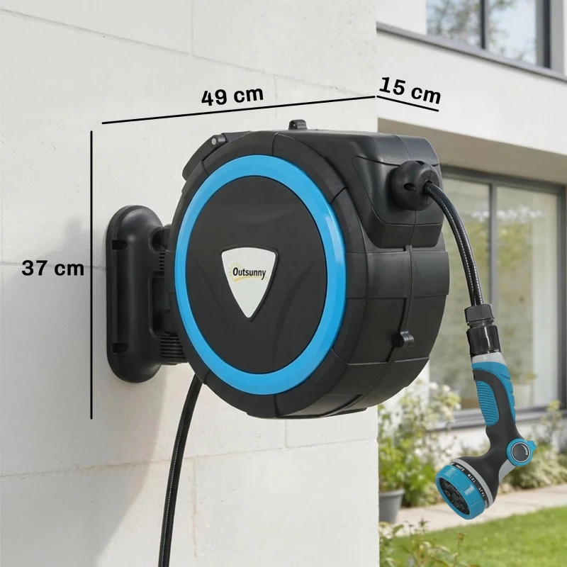 Outsunny Enrolador de Mangueira de Parede 14+1,5 m com Trava e Adaptadores, Giratório a 180°, 12 Modos de Pulverização, 49x15x37cm, Azul