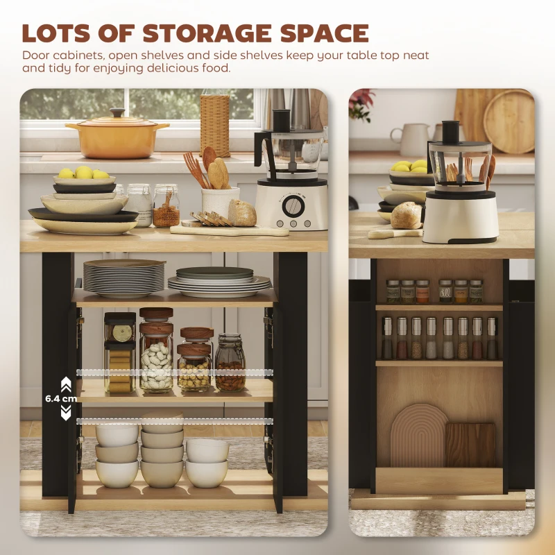 HOMCOM Kitchen Island with Spice Rack, Kitchen Storage with Large Tabletop for 4 People, Adjustable Shelves Black & Natural