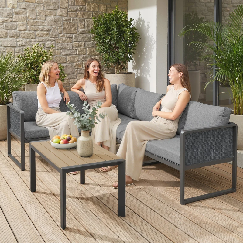 Outsunny Conjunto de jardim de canto modular 6 pessoas, sofás, mesa de centro e almofadas, cinza escuro