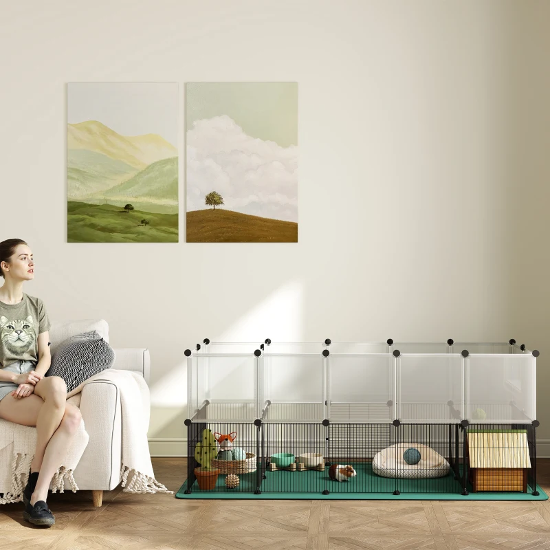 PawHut Pet Playpen with Waterproof Mat, DIY Small Animal Enclosure 34 Panels, Indoor/Outdoor Metal Pet Fence for Guinea Pigs