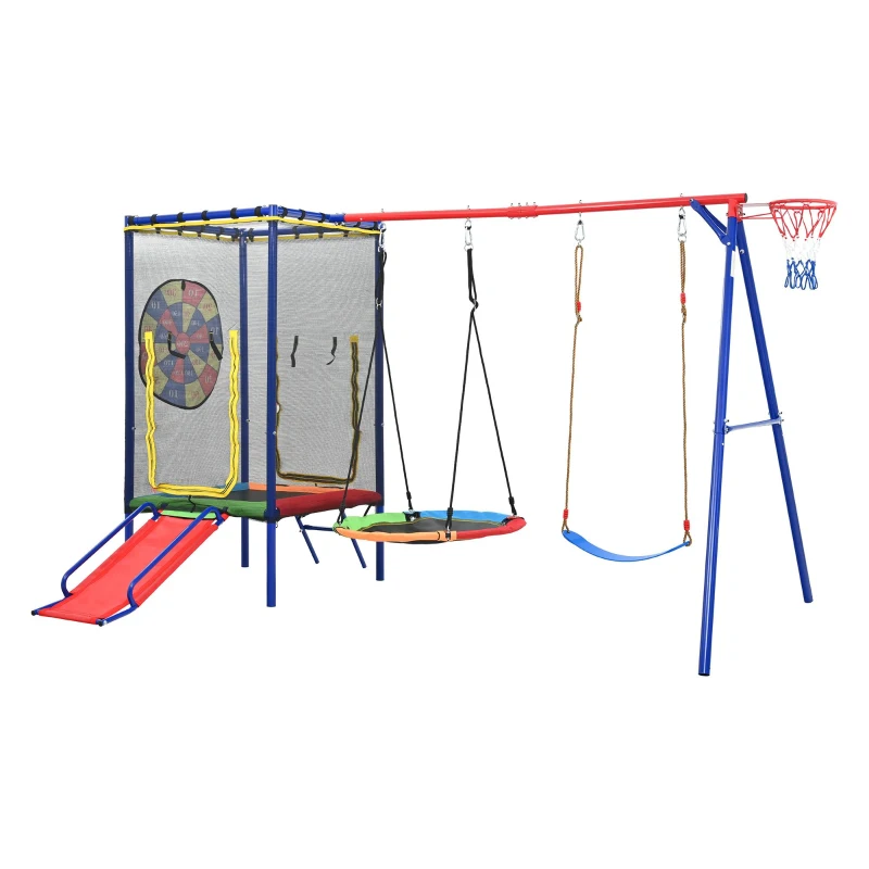 Parque infantil exterior 5 en 1, trampolín con red de seguridad y cremallera, para niños de 3–8 años, 336x217x198 cm, Multicolor