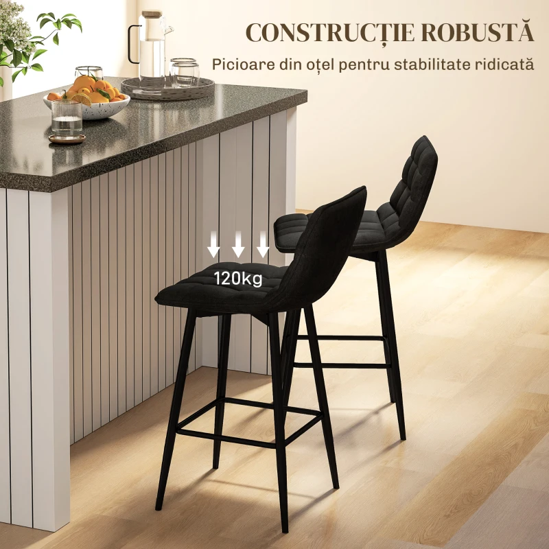 HOMCOM Set 2 Scaune de Bucătărie Stil Nordic din Material Textil cu Efect de Catifea și Metal, 45x47x84 cm, Negru