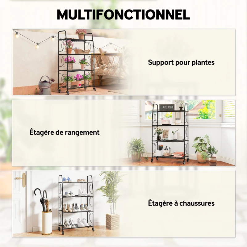 Outsunny Étagère à Fleurs en métal 4 Niveaux avec roues Intérieur et Extérieur, support de plantes 67 x 29 x 114 cm Noir