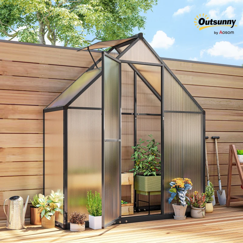 Outsunny Aluminum Polycarbonate Garden Greenhouse with Adjustable Window and Hinged Door Weather-Resistant Transparent
