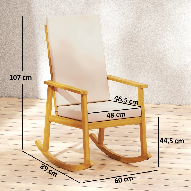Outsunny Sillón mecedor de madera de acacia con respaldo alto y cojines hasta 160 kg 60 x 89 x 107 cm Beige