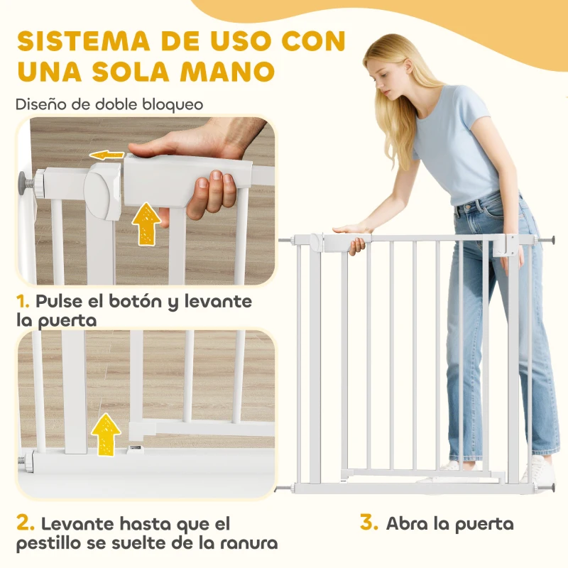 PawHut Barrera de Seguridad para Niños y Perros Ancho 76-82 cm Bloqueo Doble y Cierre Automático Apertura Dos Sentidos Blanco