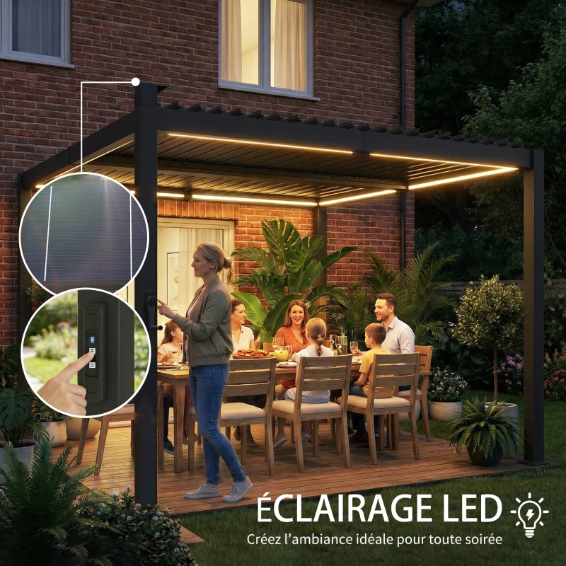 Outsunny Pergola bioclimatique 3x3m avec lumières LED solaires, pergola à lames orientables, gouttières, noir