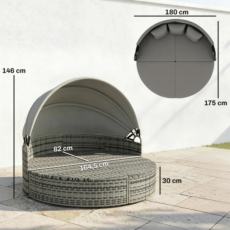 Outsunny Tumbona redonda, cama de jardín exterior modular 3 PSC en resina trenzada con dosel retráctil, gris claro