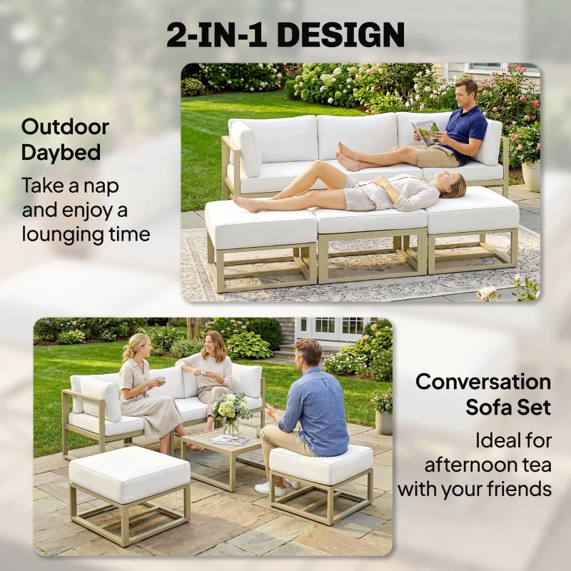 Outsunny Garden Daybed, 6 Piece Outdoor Sectional Sofa Set, Aluminium Patio Conversation Furniture Set with Coffee Table