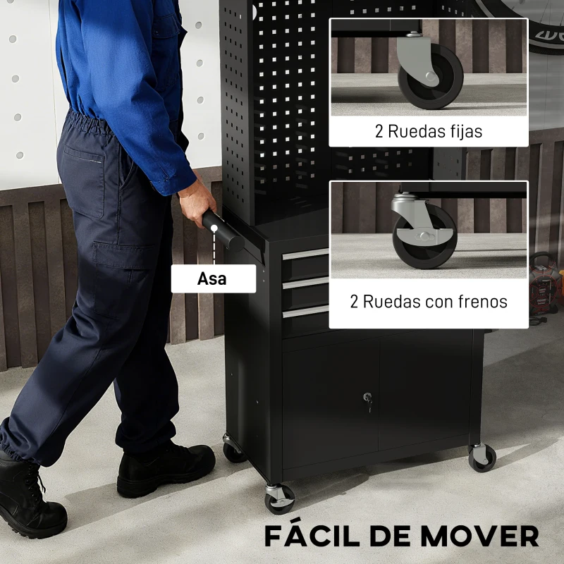 HOMCOM Carro de Herramientas con 3 Cajones Tabla de Pegboard Cerradura por Llave Estante Ajustable 2 Ruedas con Freno Negro