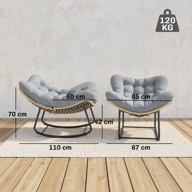 Outsunny Cadeira de Balanço em Rattan Espreguiçadeira de Jardim com almofada grossa, Balanço de jardim até 120 kg Indoor Outdoor 87 x 110 x 70 cm Cinza