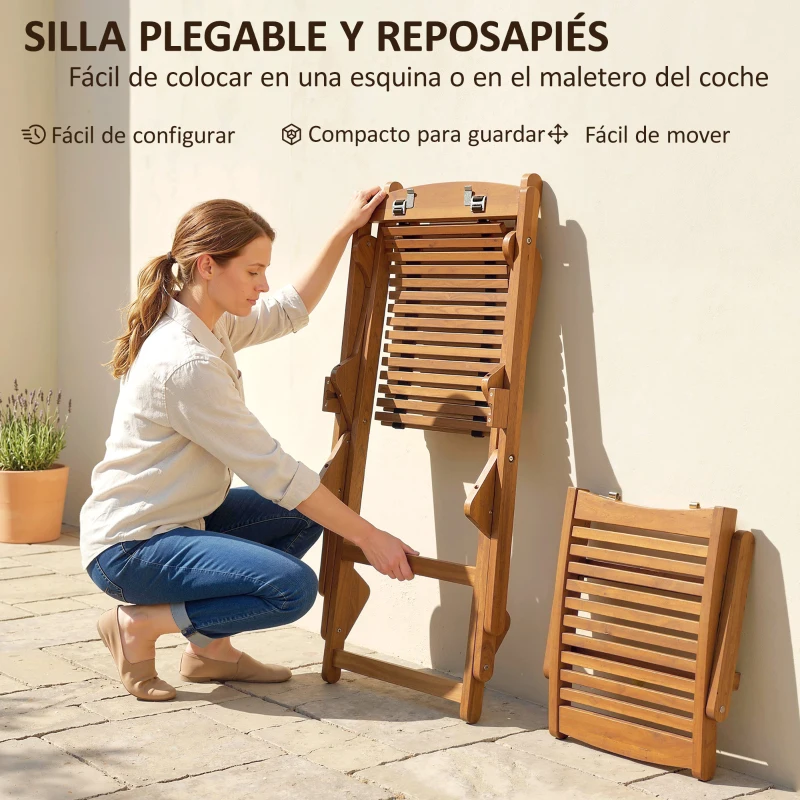 Outsunny Tumbona Silla Plegable de Madera con Reposapiés Desmontable y Cojín con Reposacabezas Carga 160 kg 158x61x70 cm Beige