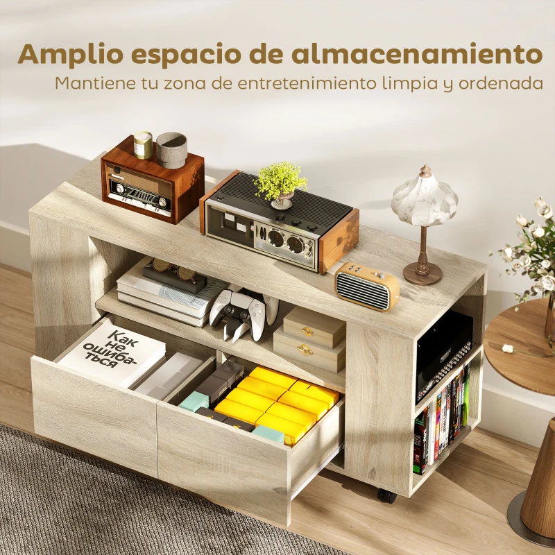 HOMCOM Mueble de TV con Ruedas para Televisión hasta 42 Pulgadas con 2 Cajones Estantes Ajustables Madera Natural