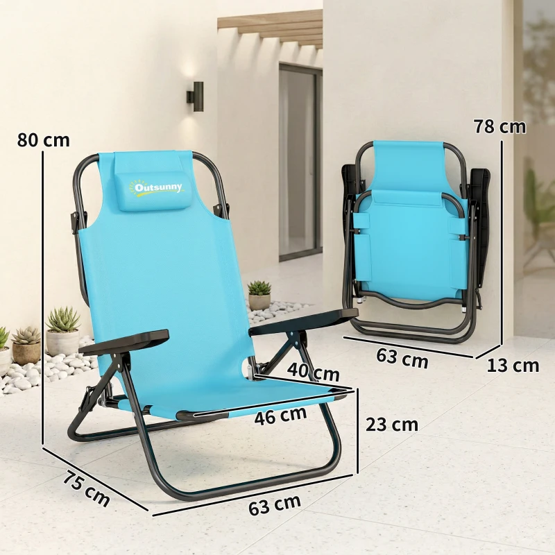 Outsunny Set mit 2 klappbaren Strandstühlen 5-fach verstellbar mit Rückenlehne, Kopfstütze und Armlehnen, 63x75x80cm, Hellblau