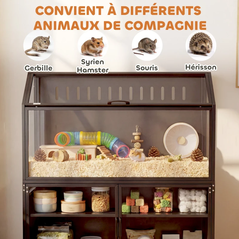 PawHut 2-in-1 Hamsterkäfig mit Aufbewahrungsschrank für Kleintiere, Syrische Hamster und Mäuse, Stahl und Acryl, Schwarz