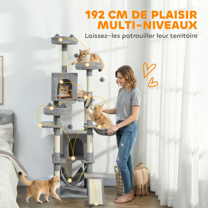 PawHut Arbre à chat tour de jeux pour chat 8 poteaux à griffer 4 plateformes 2 niches  échelle et 3 boules hauteur 192 cm gris