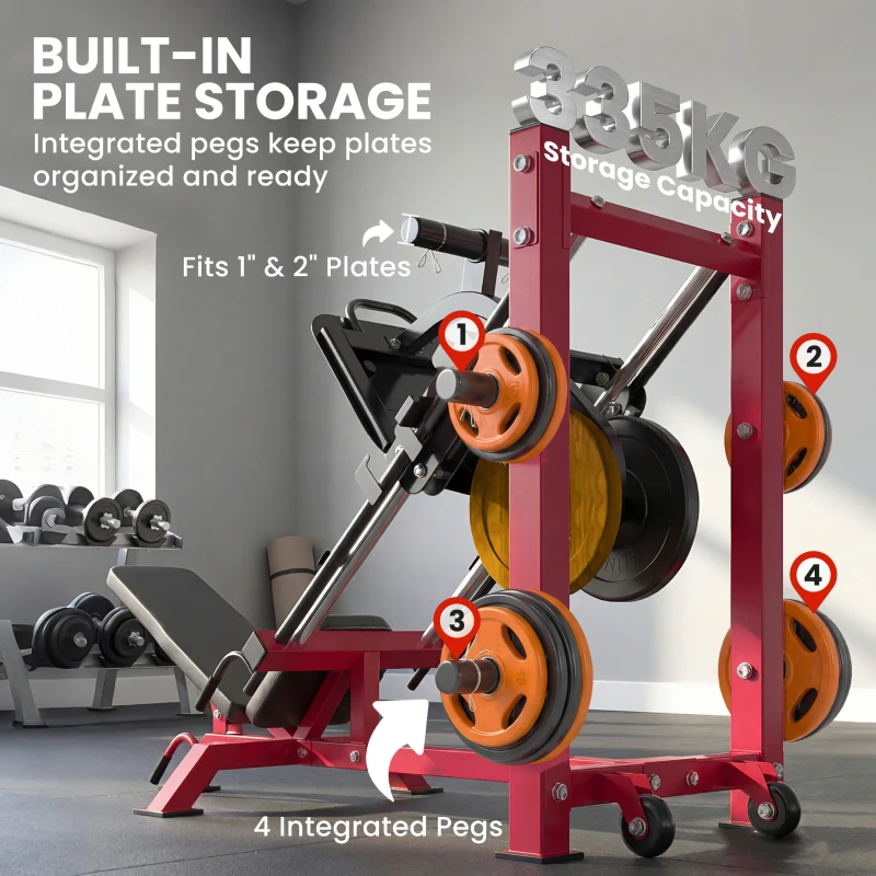 SPORTNOW Prensa de Piernas Profesional Máquina Musculación Piernas y Hack Squat 455 kg Aparato Ajustable 185x120x140cm Rojo