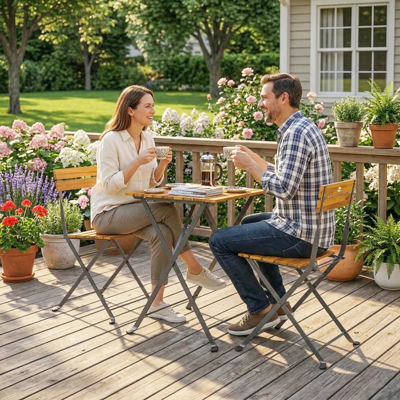 Outsunny Set 3 piese pentru luat masa 2 persoane, masă pliantă cu 2 scaune pliante pentru terasă/balcon Teak