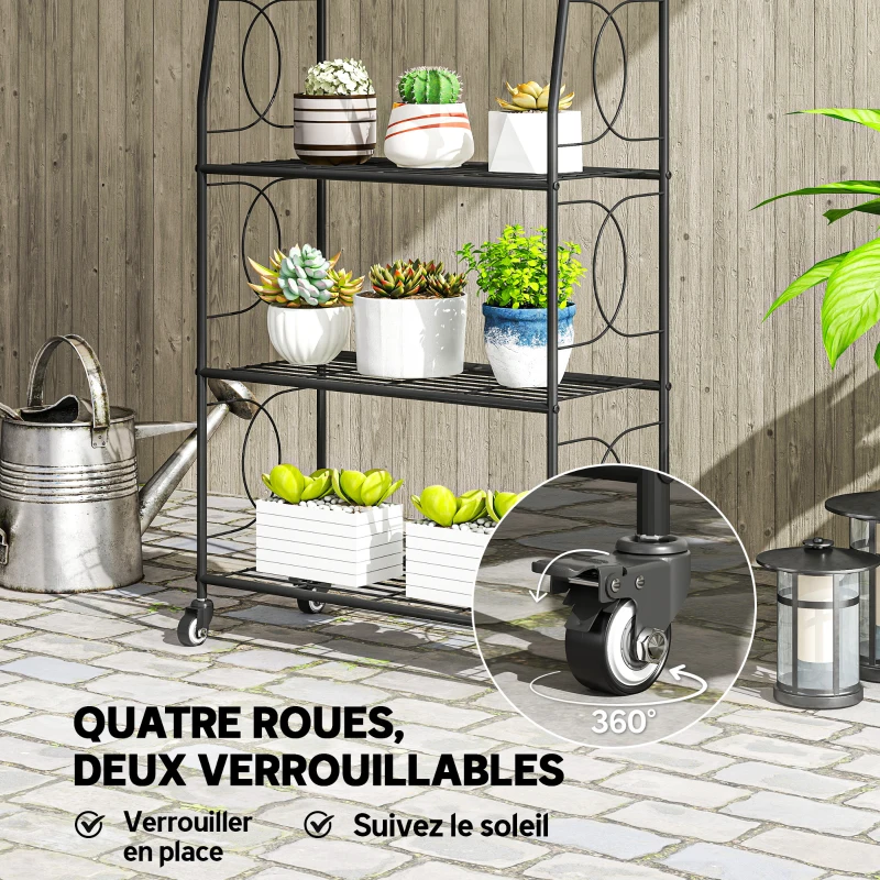Outsunny Étagère à Fleurs en métal 4 Niveaux avec roues Intérieur et Extérieur, support de plantes 67 x 29 x 114 cm Noir