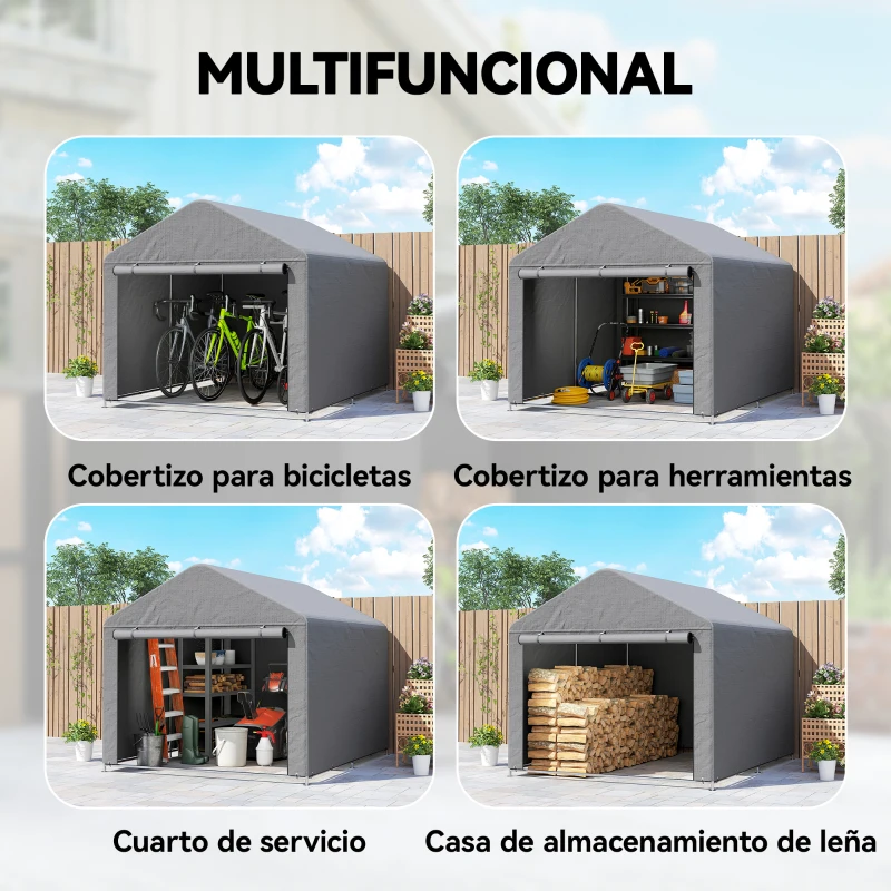 Outsunny Carpa de Jardín para Bicicletas con Marco de Metal Galvanizado Puerta con Cremallera Impermeable Anti-UV 2,4x2x2 m Gris
