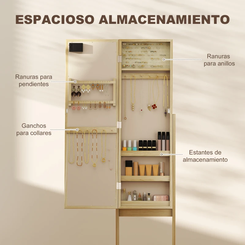 HOMCOM Espejo Joyero con Luces LED Armario para Joyas Armario Joyero de Pie con Espejo Entero Ángulo Ajustable Madera Natural