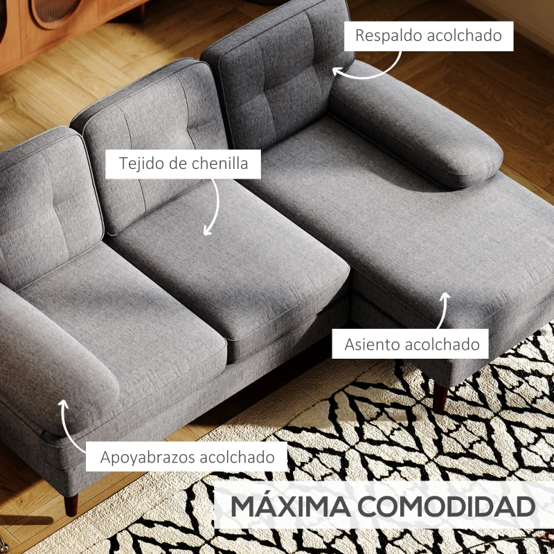 HOMCOM Sofá Esquinero de 3 Plazas Tapizado en Chenilla en Forma de L con Patas de Madera y Reposabrazos 215x142x88 cm Gris