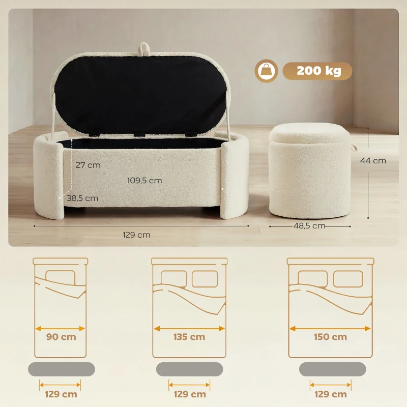 HOMCOM Banco de arrumação, banco ao pé da cama oval em pelo Teddy com assento largo, 129 x 48,5 x 44 cm, creme