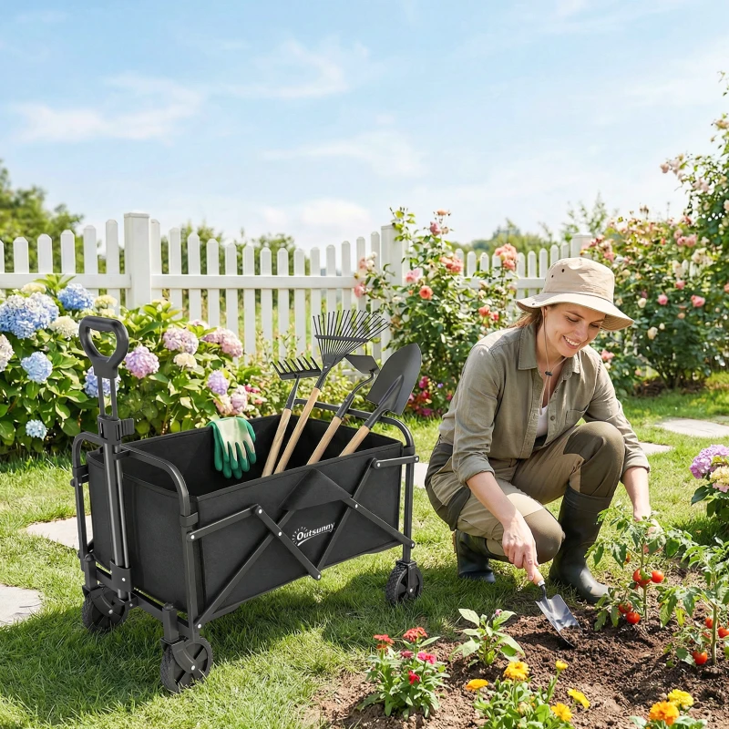 Outsunny Carrinho de Jardim Dobrável com Rodas Cabo Ajustável Carga 68 kg para Camping e Compras 81x45x89 cm Preto