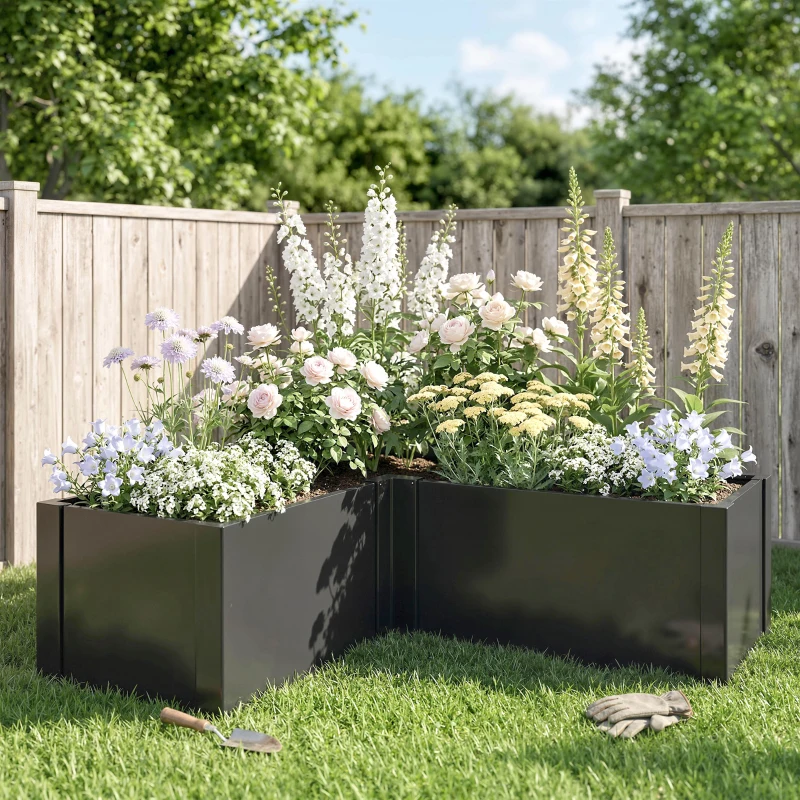Outsunny Huerto elevado en L para flores, resistente a la intemperie, cama de cultivo de acero galvanizado 150 x 150 x 55 cm Negro