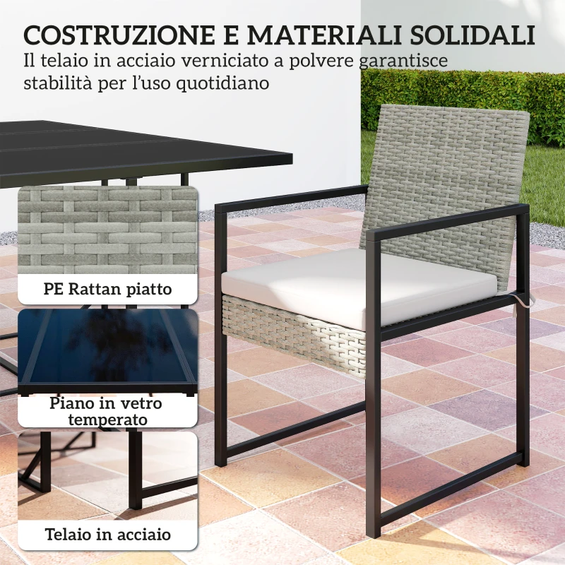 Outsunny Set Pranzo Patio 11 Pezzi, Mobili Esterno Con 6 Poltrone, 4 Pouf, Grigio