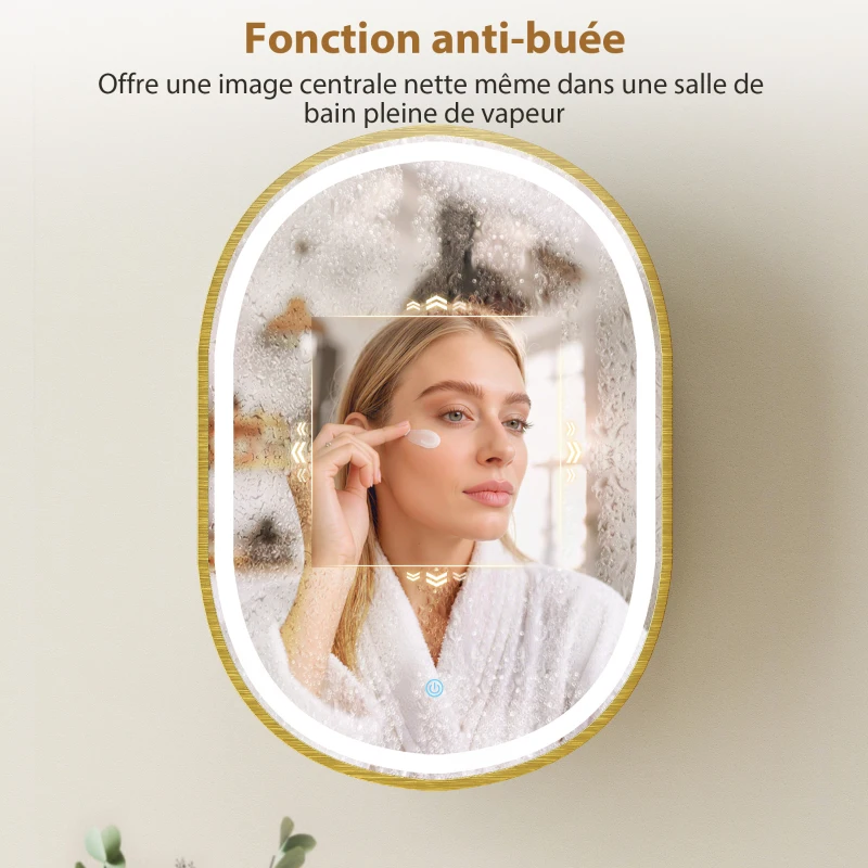 HOMCOM Armoire murale salle de bain avec miroir et éclairage LED, porte ovale, anti-buée, 50x14,5x70cm, doré