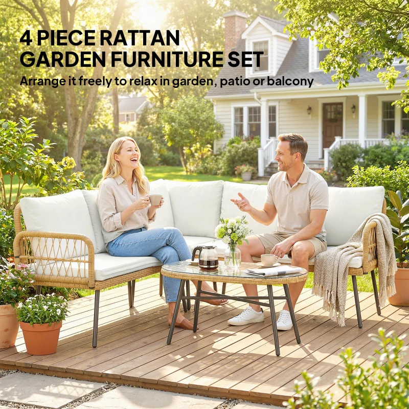 Outsunny 4-częściowy zestaw mebli ogrodowych z rattanu, zestaw z narożnikiem, sofą dwuosobową i stolikiem ze szkła, poduszki dla 5 osób