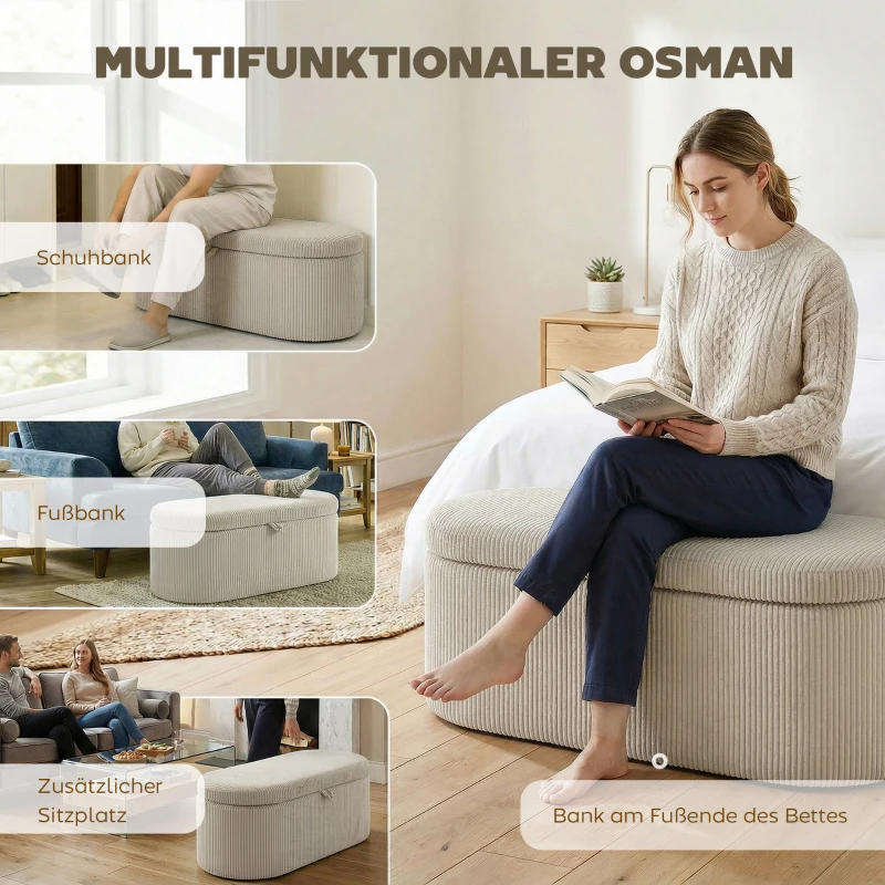 HOMCOM Aufbewahrungs-Ottomane, Cord-Polsterung mit gepolsterter Sitzfläche, Sitzbank am Bettende, 105 x 51 x 49 cm, Beige