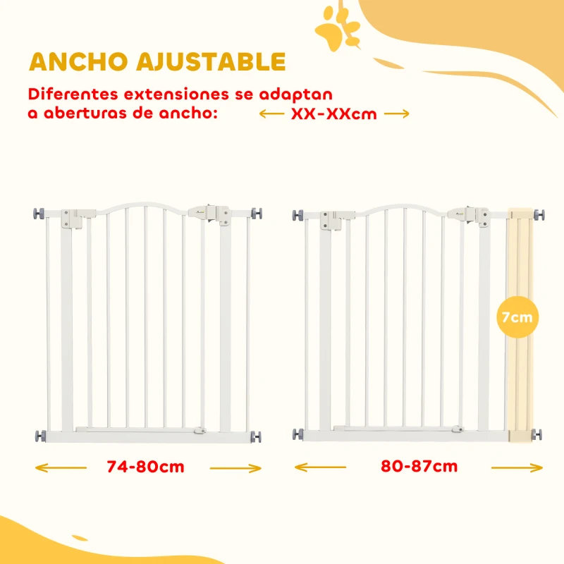 PawHut Barrera de Seguridad para Perros 74-87 cm con Extensión Montaje a Presión Doble Bloqueo para Puerta Escalera Blanco