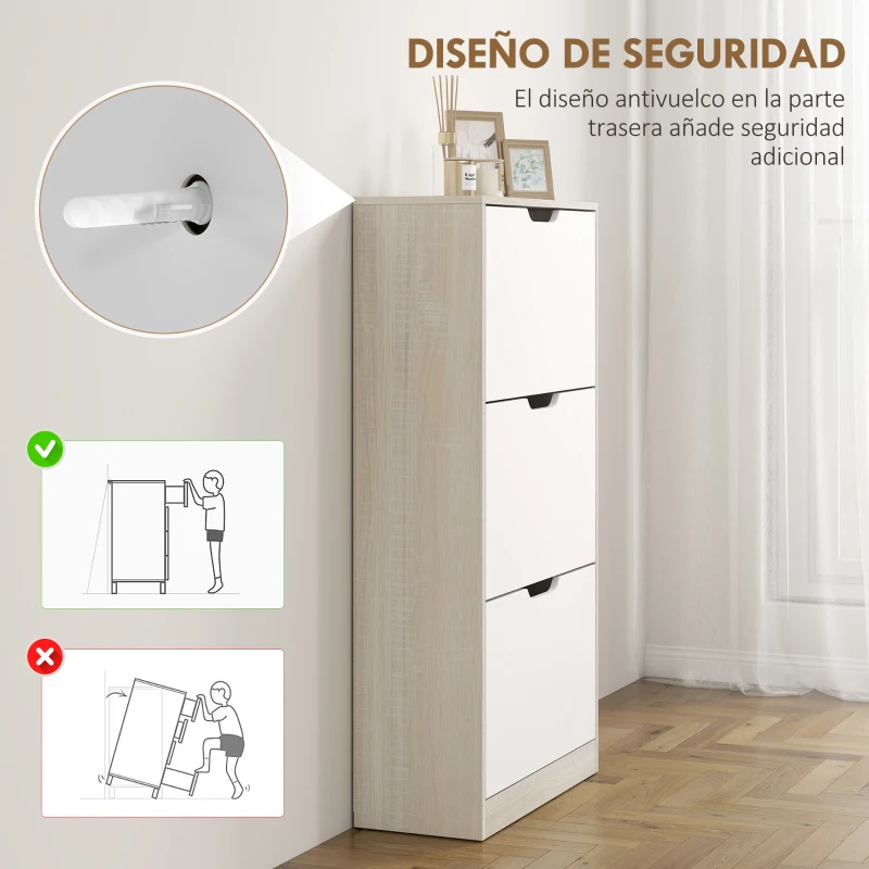 HOMCOM Zapatero Estrecho 3 Puertas Abatibles Zapatero Entrada Recibidor para 18 Pares Zapatos 62,5x26x117,5 cm Roble y Blanco