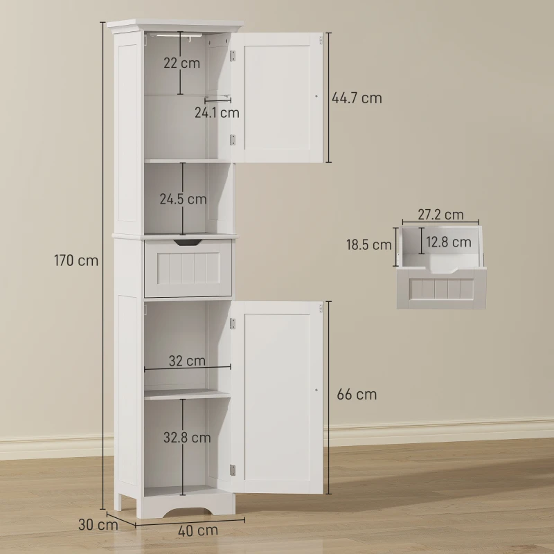 HOMCOM Mobile Colonna Bagno in Legno con 2 Armadietti con Sensore, Ripiano Aperto e Cassetto, 40x30x170 cm, Bianco