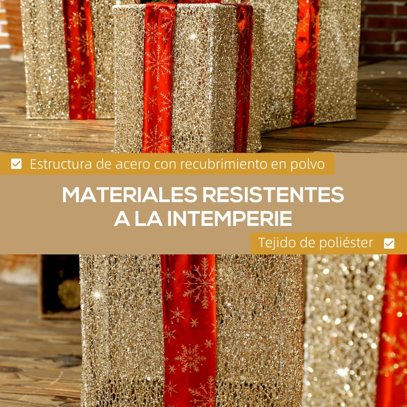 Outsunny Juego de 3 Cajas de Regalo Navidad con 58 LED Blanco Cálido Adornos Luminosos para el Árbol de Navidad Dorado