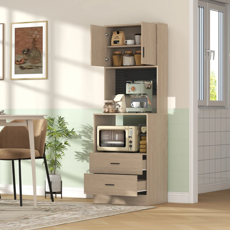 HOMCOM Mobile microonde con 2 cassetti, 2 ante, pannello forato e ganci, Legno naturale