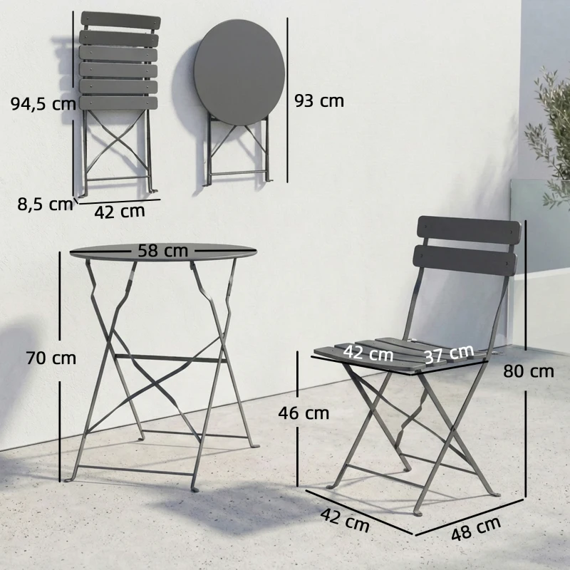 Outsunny 3-teiliges Bistro-Set Tisch und 2 Klappstühle mit doppeltem Rostschutz Metall Grau