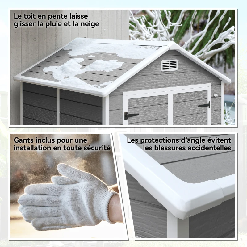 Outsunny Abri de jardin en résine 2,7 m² avec plancher portes à loquet 3 fenêtre structure en aluminium 240 x 190 x 228 cm gris