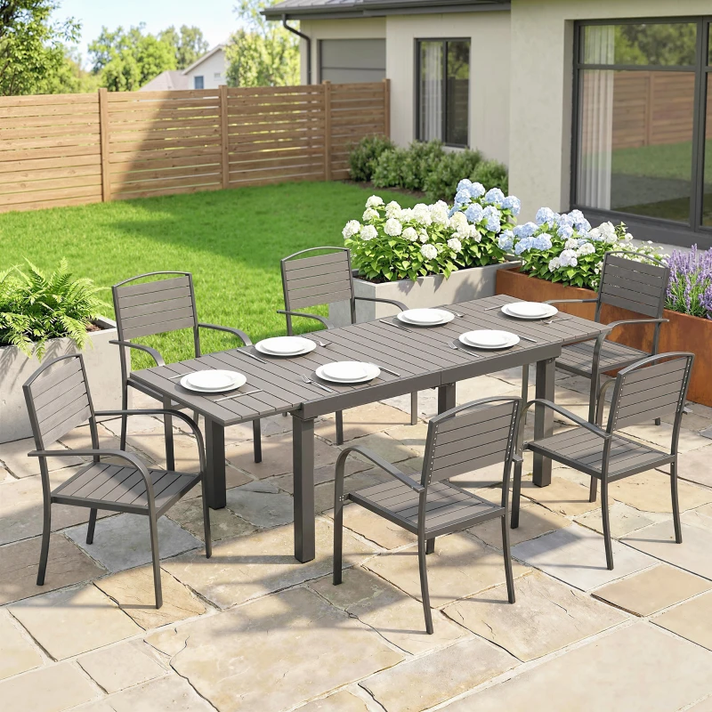 Outsunny Set mobilier grădină 7 piese Masă extensibilă cu 6 scaune Design lamele aspect lemn Cadru aluminiu