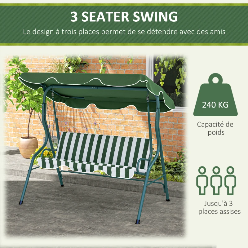 Outsunny Balancelle de Jardin 3 Places Toit imperméabilisé Inclinaison réglable Coussins Assise Dossier Vert Blanc rayé